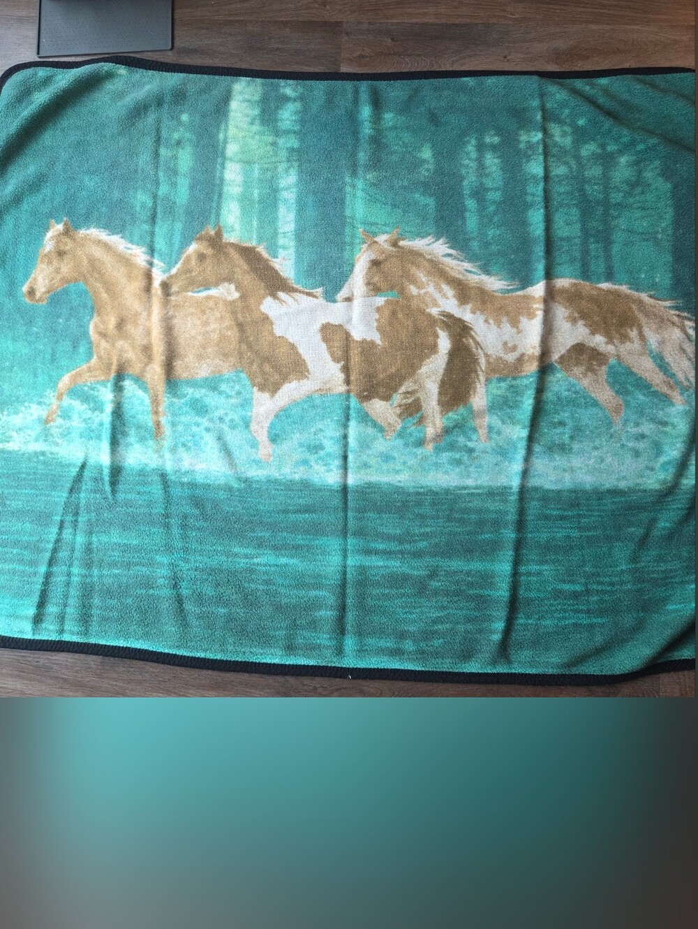 Vintage Galloping Running Horses in Forest Green Fleece Throw Blanket